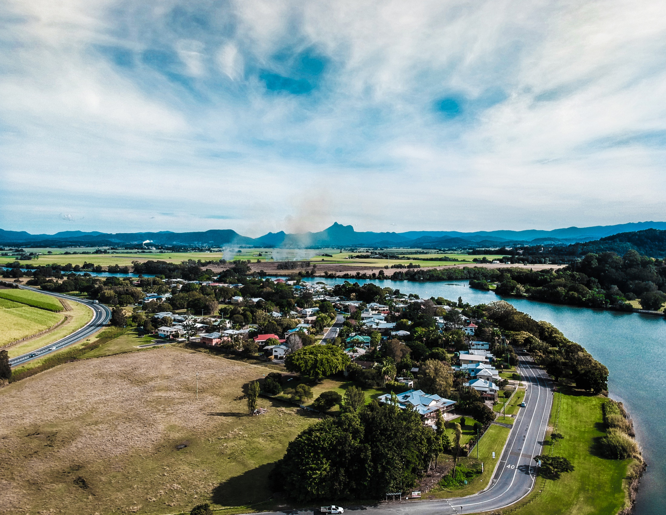 Aerial view across Tumbulgum, the Tweed River and the Tweed Valley